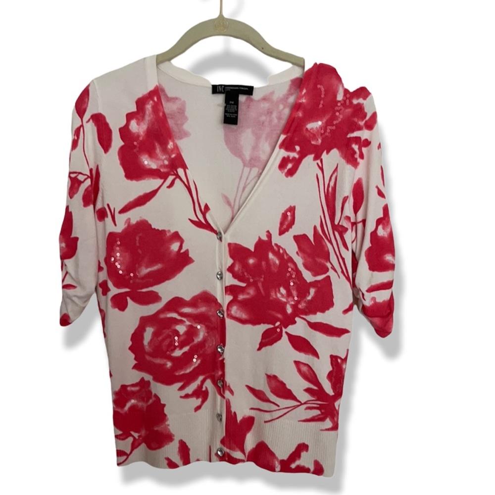 INC international concepts Bold White Pink Floral Cardigan